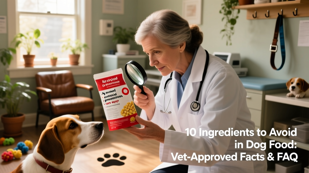 Veterinarian reviewing a dog food label with a magnifying glass, highlighting key ingredients