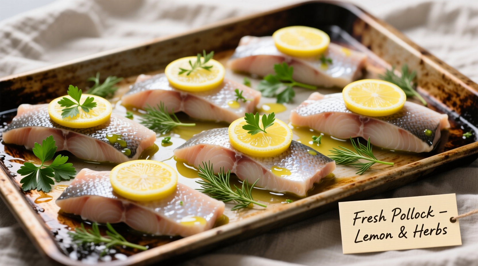 Fresh pollock fillets seasoned with lemon slices and herbs on baking sheet
