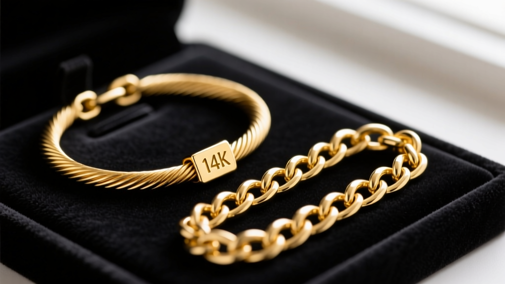 Machine-stamped 14k gold cable chain next to a hand-soldered 18k gold Byzantine chain on a dark velvet jewelry display pad.