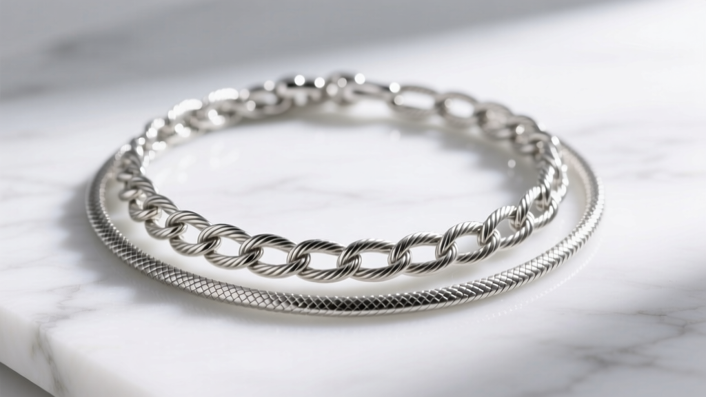 Close-up of a tangled sterling silver three layer necklace on white marble, highlighting knotted cable and snake chains