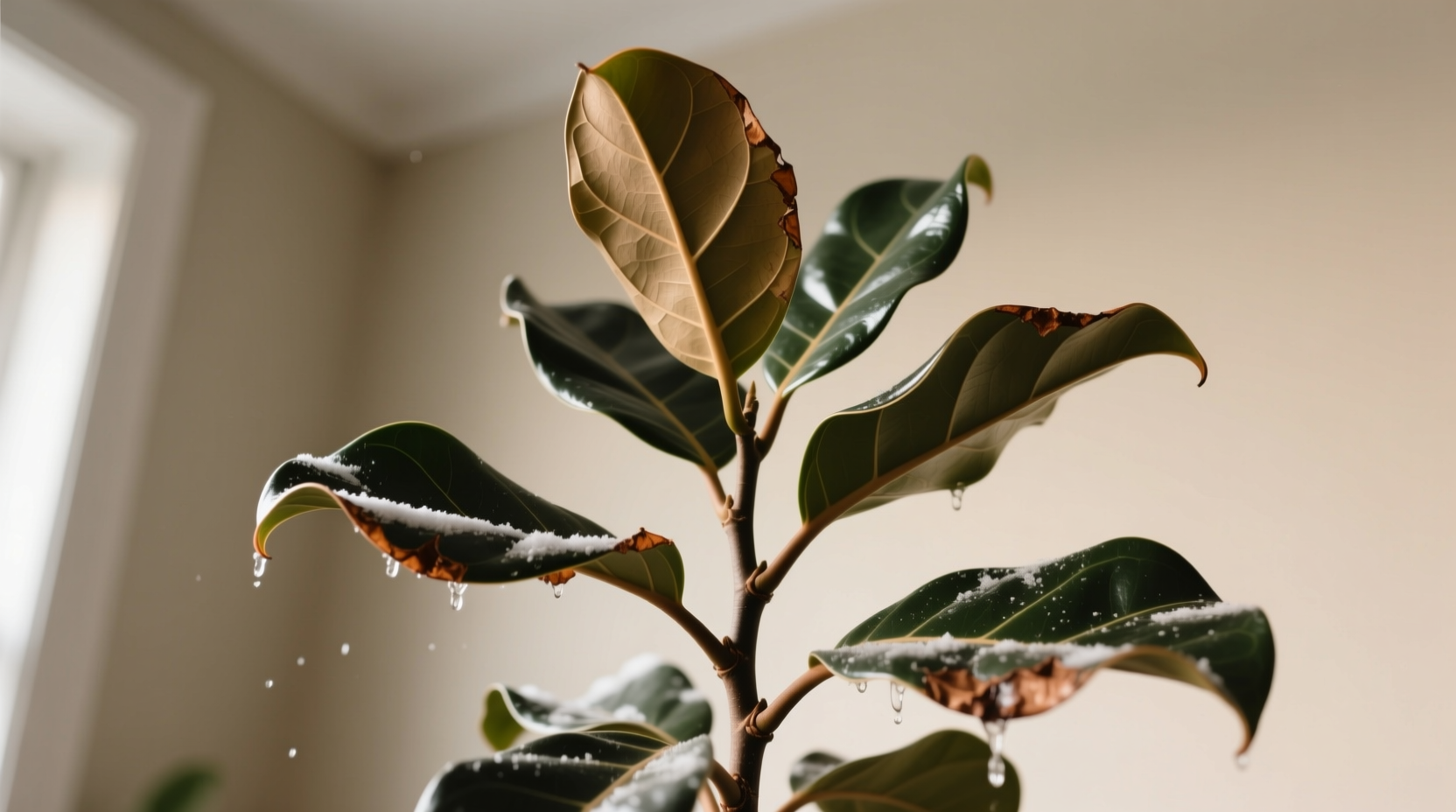 winter-heated-room fiddle leaf fig showing crispy leaf edges due to low humidity versus summer moisture