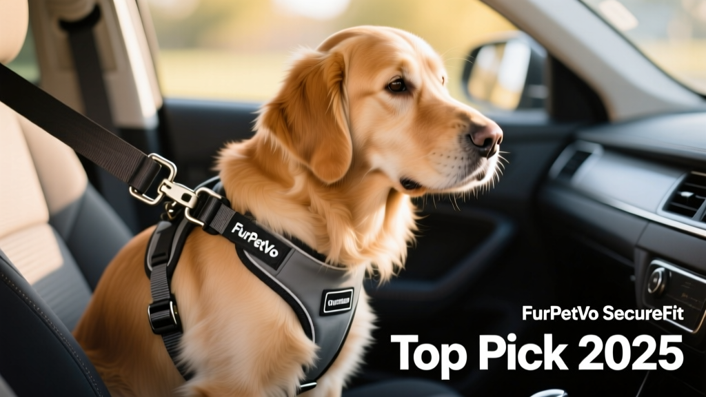 Close-up of a FurPetVo SecureFit harness being clipped into a car seat belt anchor point