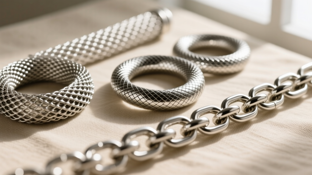 Macro close-up of three silver mesh weaves: tight Milanese, tubular cobra, and open woven links, resting on neutral beige linen.