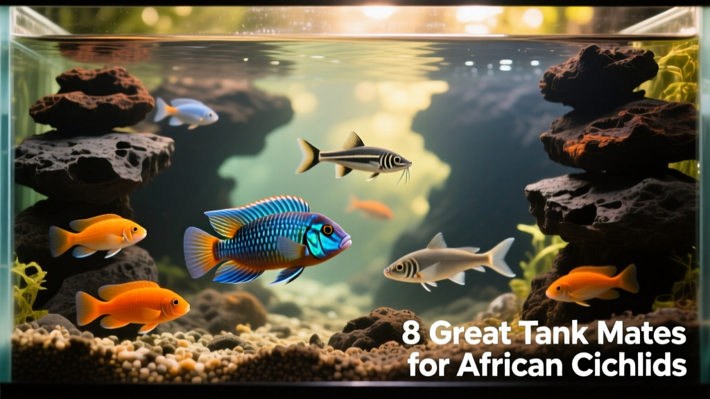 A well-structured African cichlid aquarium with stacked rocks, open swimming areas, and several colorful fish including peacocks and synodontis catfish