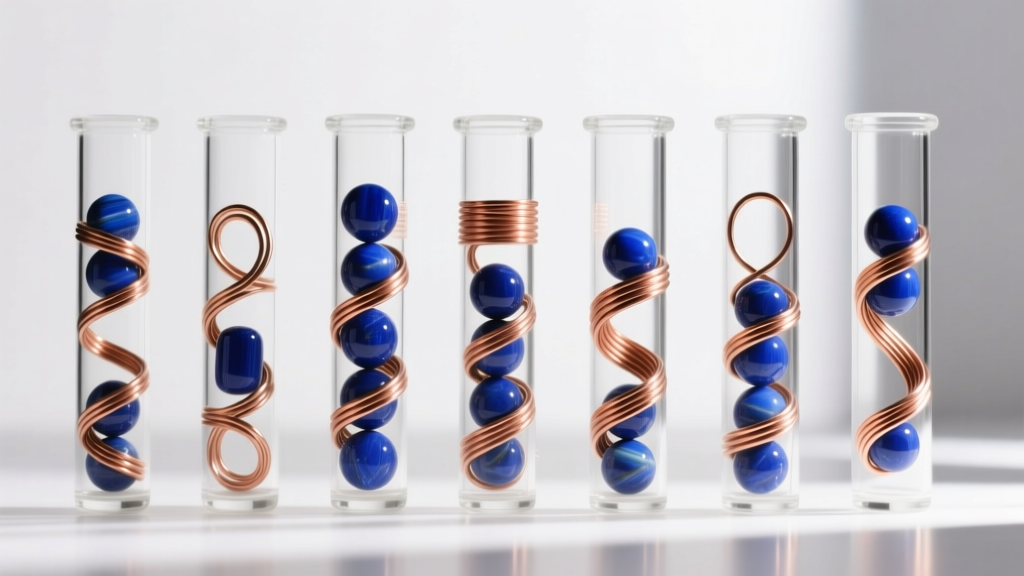 Organized grid of glass vials holding assorted gauge copper wire loops intertwined with polished blue lapis lazuli gemstone beads.