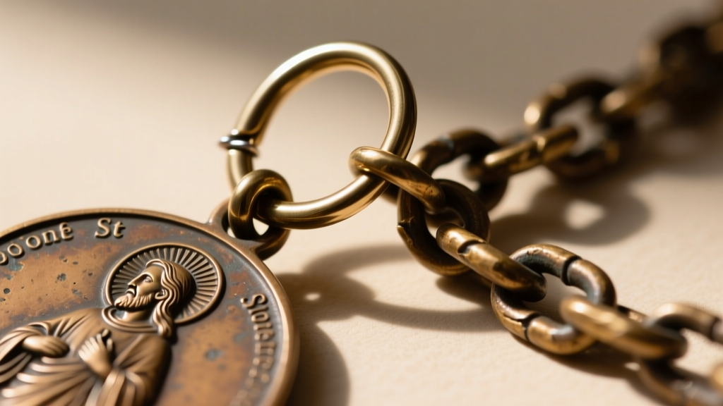 Extreme close up of a soldered 18 gauge oval jump ring connecting a heavy bronze St Christopher medal to a thick wheat chain