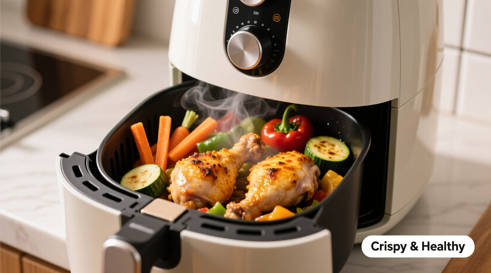 Air fryer with crispy vegetables and chicken