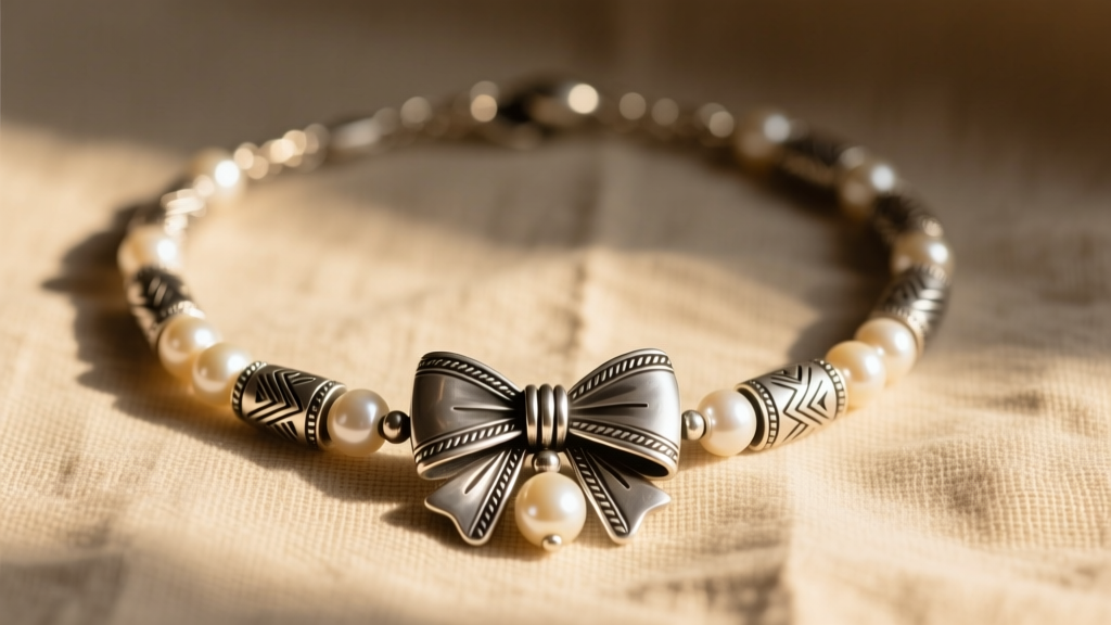 Sterling silver Navajo pearl bow necklace on linen, showing hand-stamped beads and a central silver bow pendant in warm sunlight.