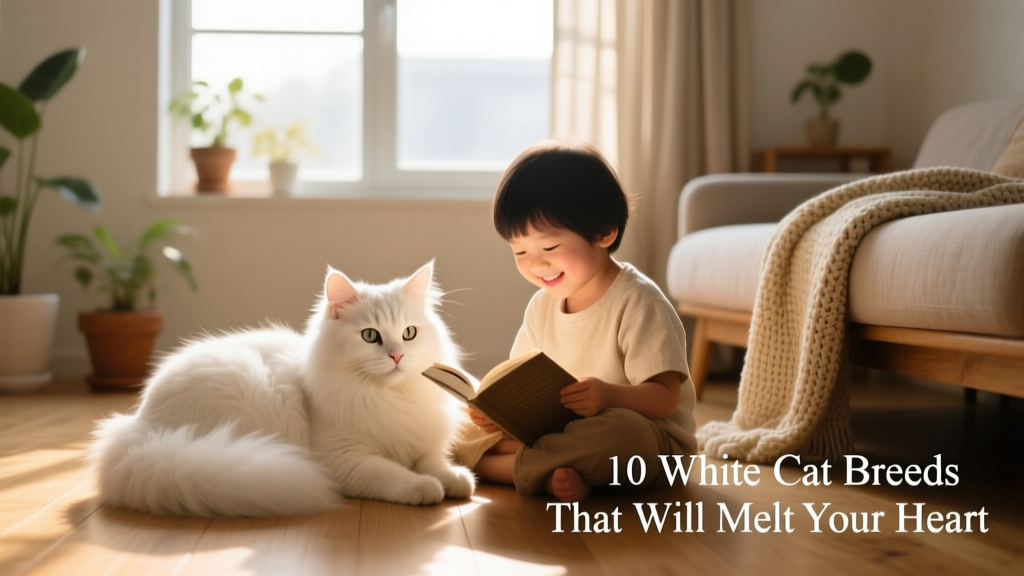 A fluffy white Siberian cat curled up beside a child reading a book, both relaxed and content
