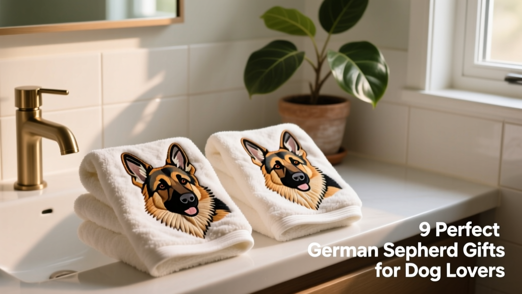 Two plush cotton terry hand towels embroidered with detailed German Shepherd motifs, displayed folded on a bathroom counter