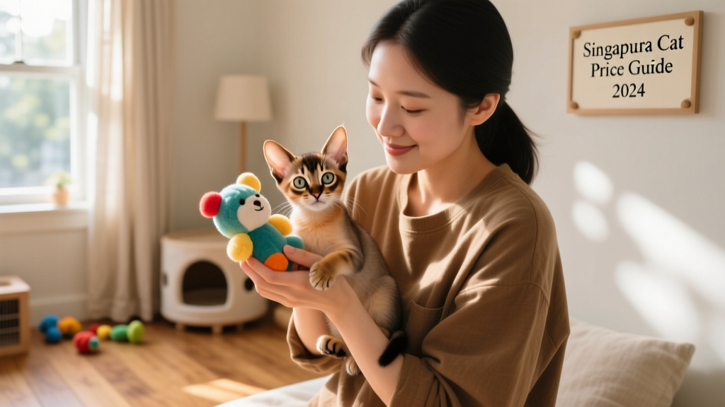 A breeder holding a Singapura kitten while gently introducing it to a new toy during early socialization