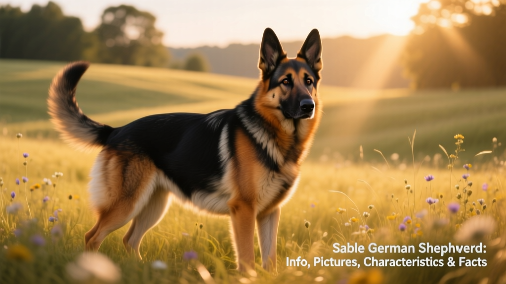 A striking adult Sable German Shepherd standing alert in a sunlit field, showcasing its rich, banded coat