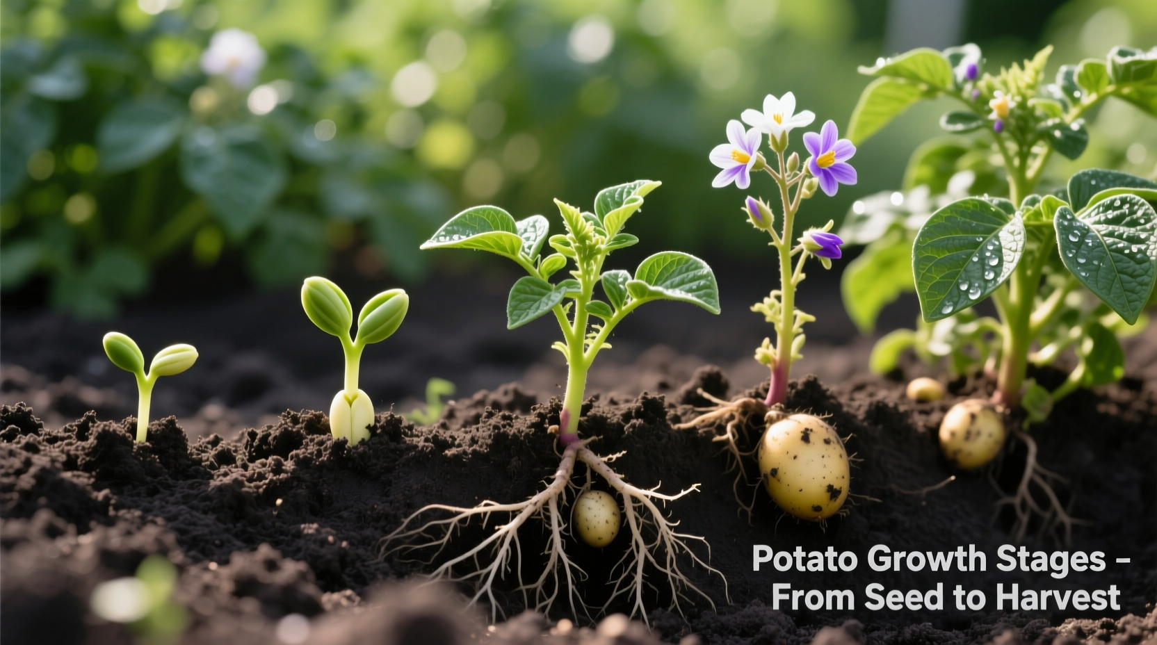 Potato plant growth stages in garden soil