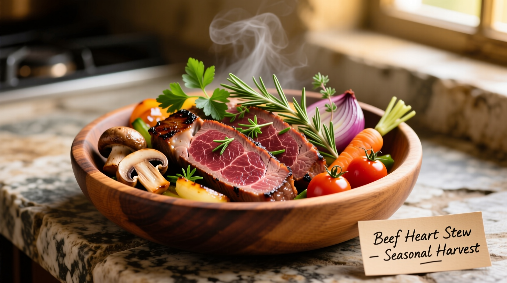 Sliced cooked beef heart with herbs and vegetables