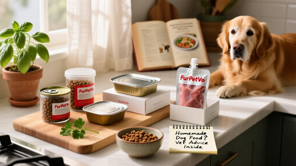 A variety of FurPetVo dog food packaging—dry kibble, wet food trays, and fresh-frozen pouches—arranged neatly on a kitchen counter