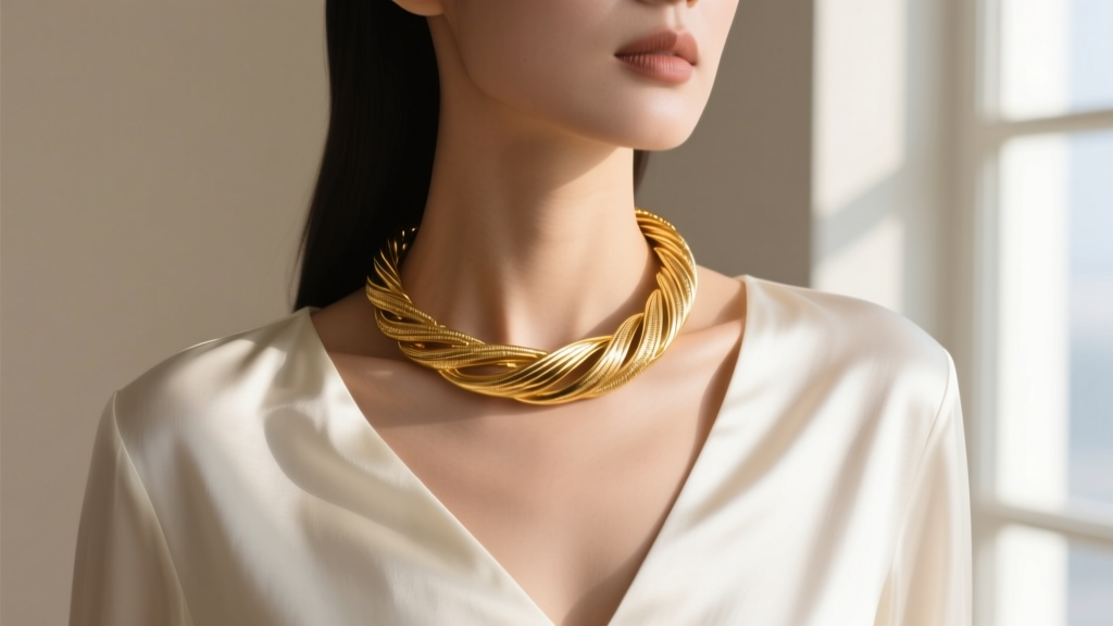 Close-up of a woman wearing a 14-inch solid gold collar necklace with a V-neck silk blouse, highlighting the collarbone placement.