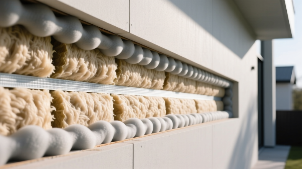 Modern wall cavity cross-section showing dense mineral wool batts and closed-cell spray foam forming a continuous thermal barrier