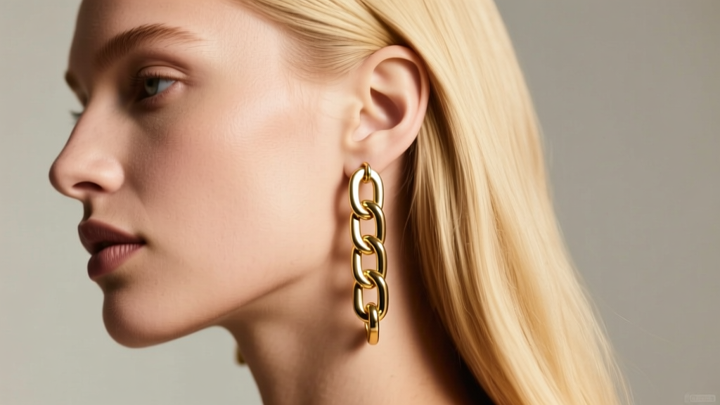Side profile of a model wearing soldered curb gold chain link earrings, showing how flat links avoid snagging on fine blonde hair.
