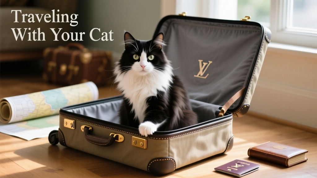 A long-haired black-and-white cat sitting calmly inside an open, lined travel suitcase