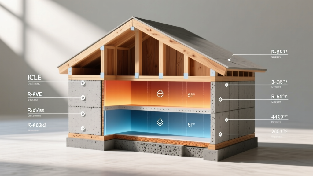 Cross-section blueprint comparing insulated concrete forms and wood stud framing with R-value and structural load annotations