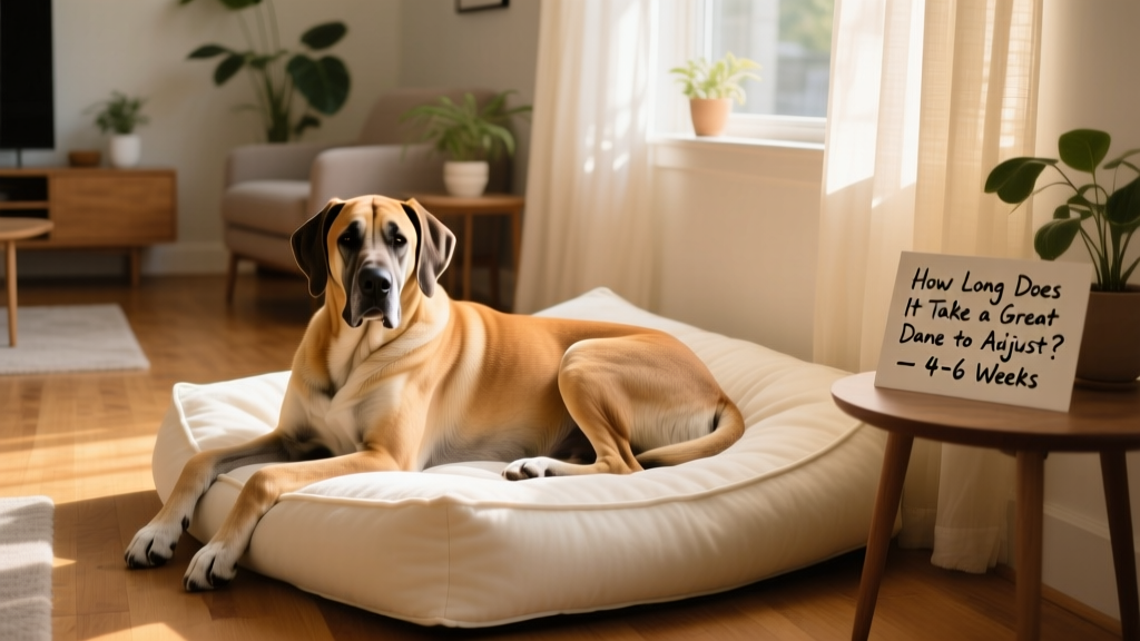 A calm Great Dane resting on a large, soft dog bed in a quiet corner of a sunlit living room