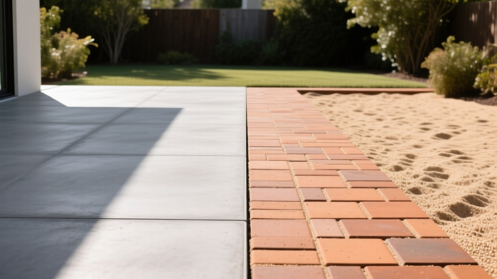 Split backyard showing a smooth poured concrete patio on the left and interlocking clay pavers on a sand base on the right.