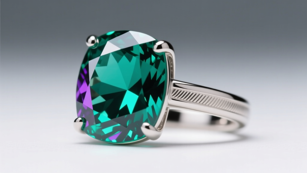 Macro shot of a natural alexandrite gemstone in a platinum ring, showing vibrant teal-green color under bright daylight conditions