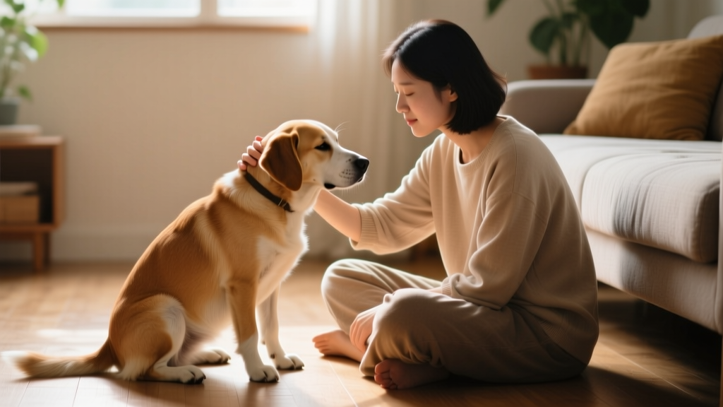 A person sitting peacefully on the floor, gently petting their calm dog