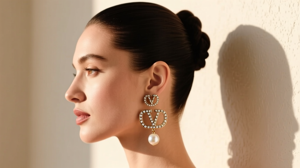 Woman with an updo wearing Valentino Rockstud pearl chandelier earrings, shot from a side profile angle in warm natural sunlight.