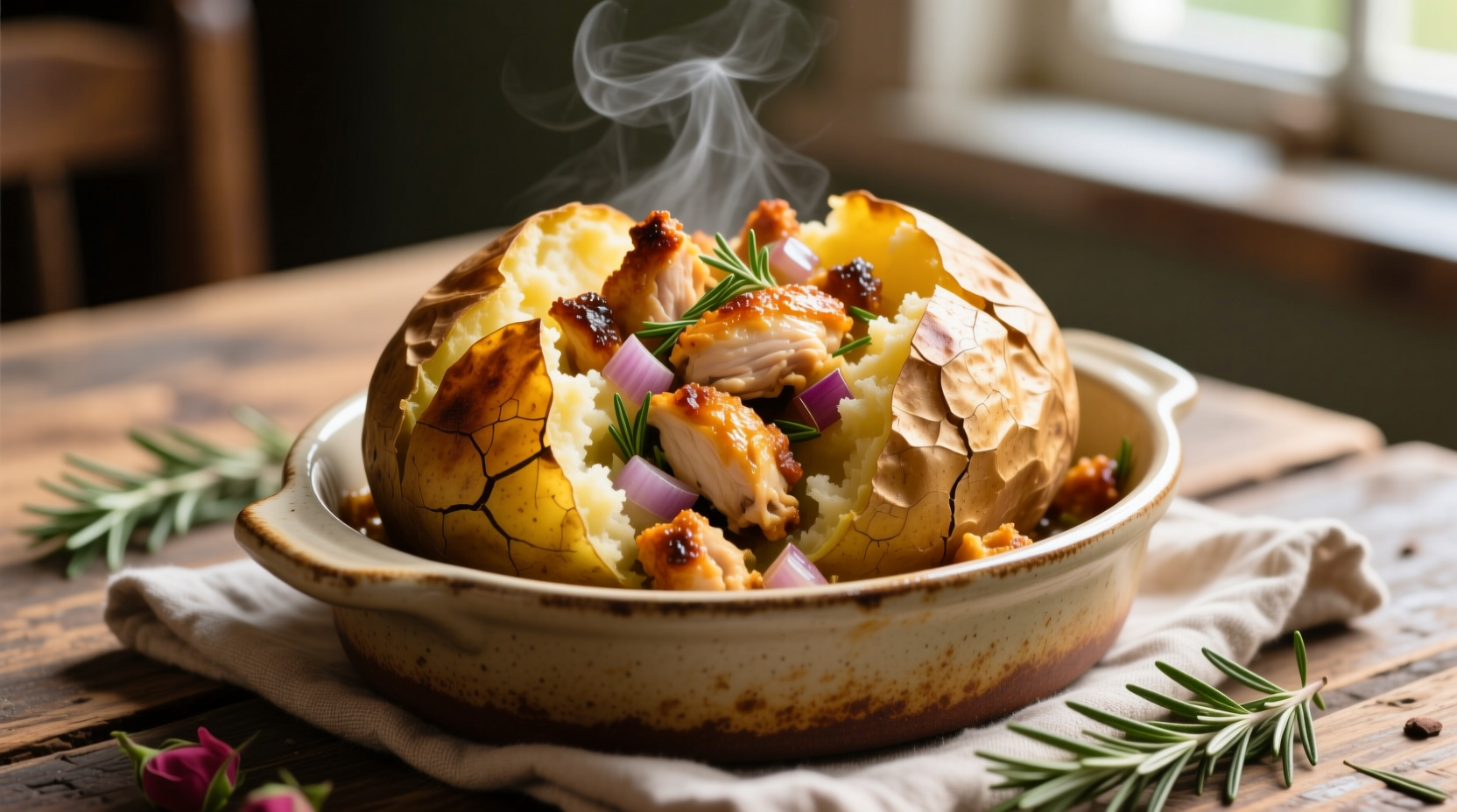 Golden baked potato with roasted chicken pieces