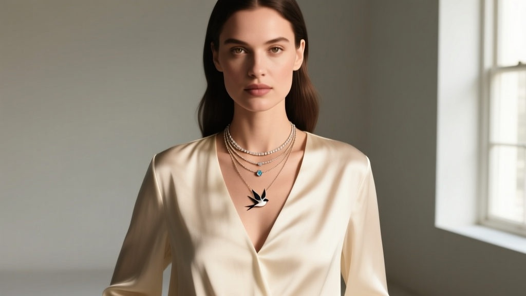 Woman wearing a layered necklace stack with a small bird pendant over a cream silk blouse, soft natural light, editorial style.