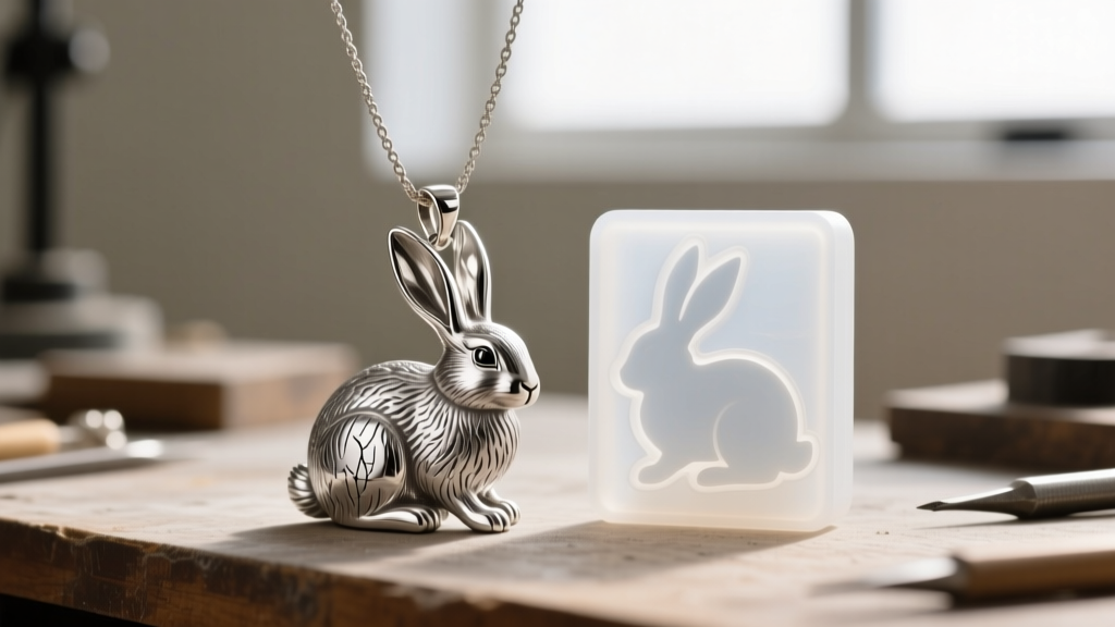 Close-up of a jewelry workbench showing a silicone mold and a raw cast silver rabbit pendant with visible sprues and textured fur