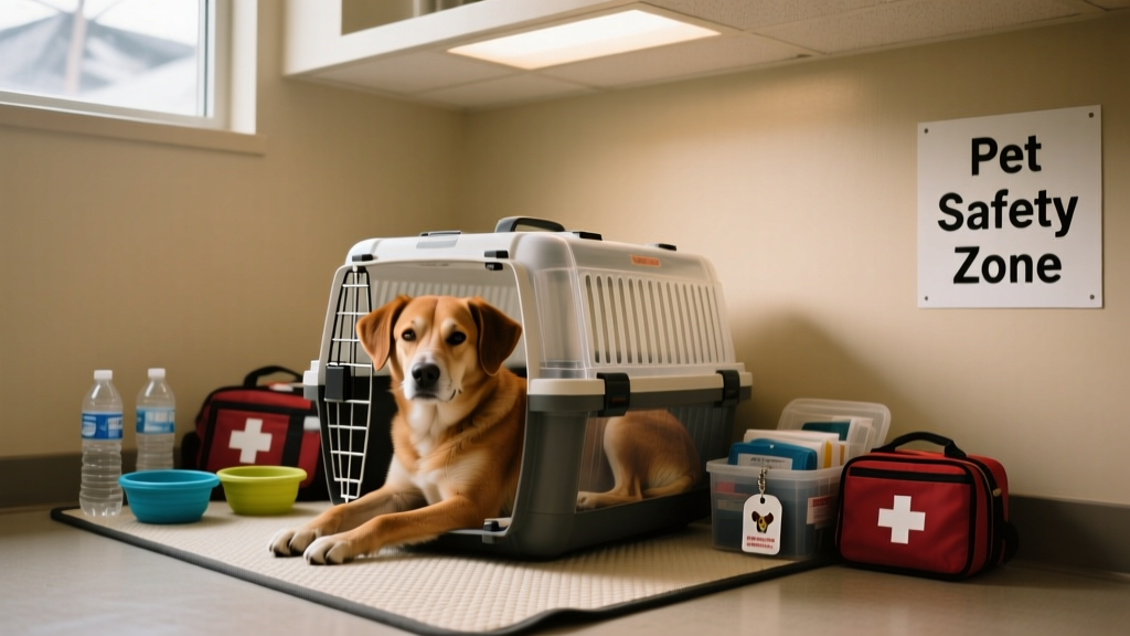 A calm dog resting in a carrier beside emergency supplies in a safe, windowless room