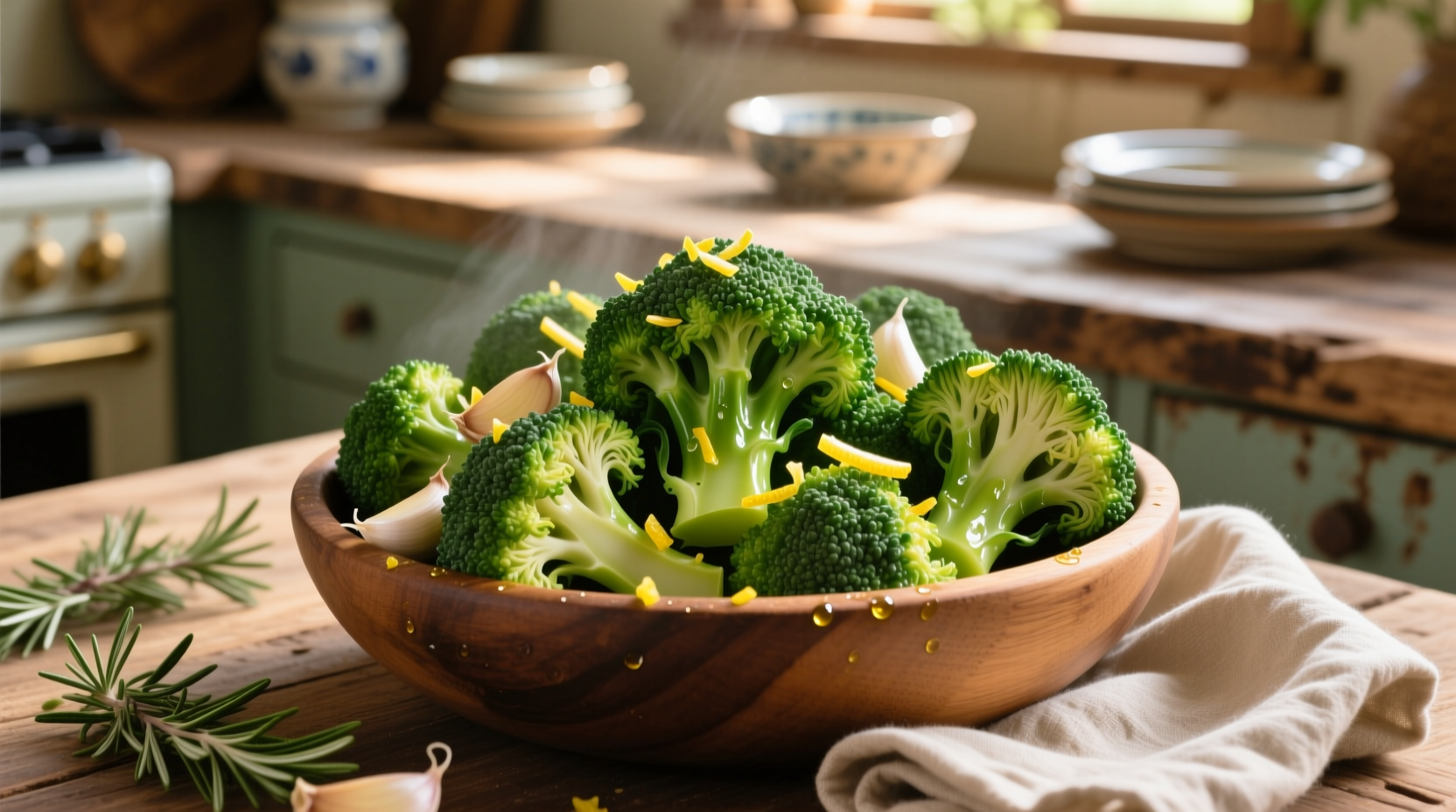 Fresh broccoli florets seasoned with garlic and lemon zest