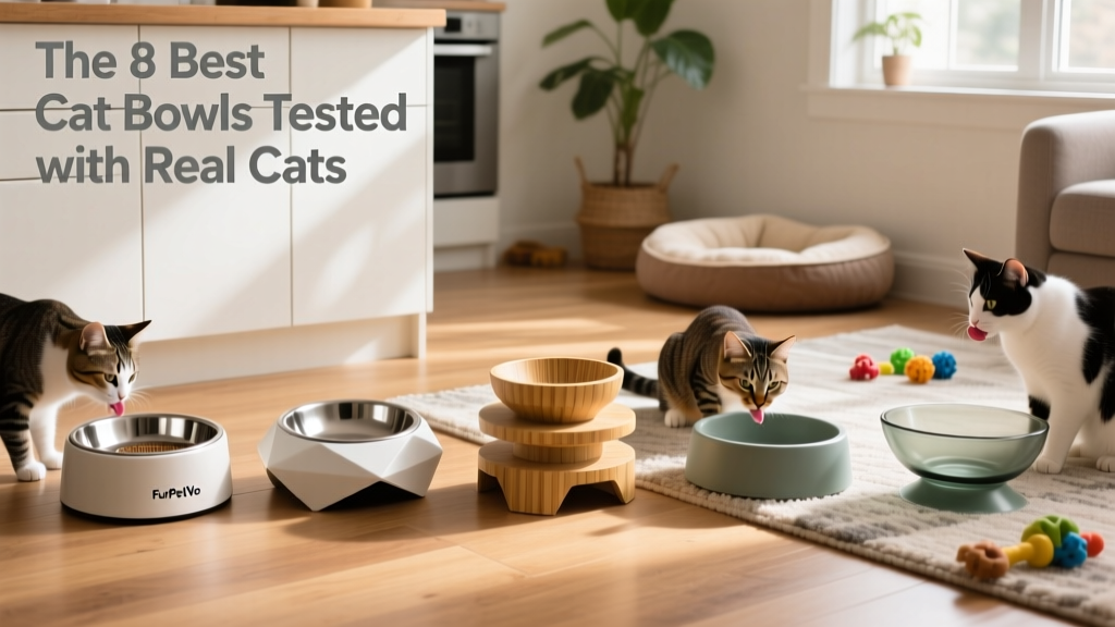 Side-by-side comparison of five FurPetVo cat bowls showing different shapes, heights, and materials