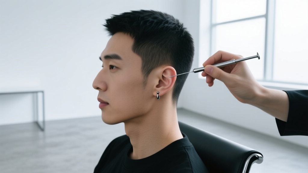 Piercer using a sterilized hollow needle on the upper helix of a male client, clean clinical setting with bright focused lighting.