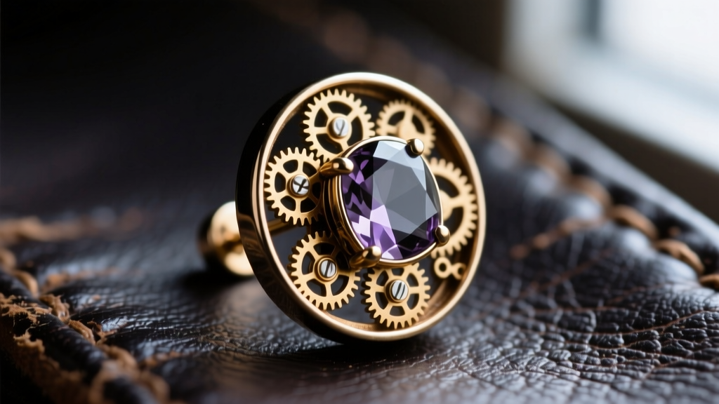 Macro shot of a titanium steampunk stud earring with brass-colored micro-gears and smoky quartz gem on dark leather