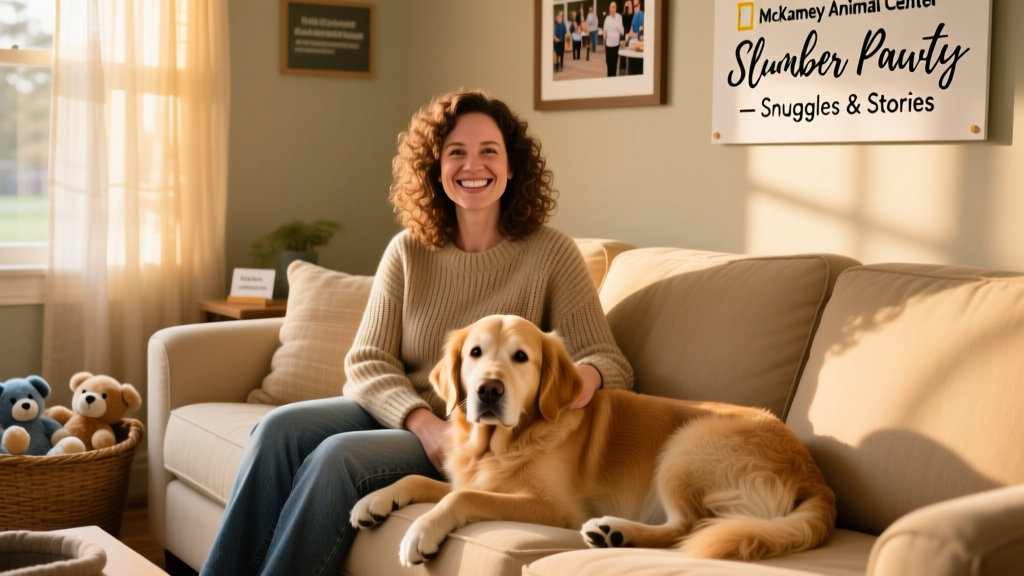 A relaxed, smiling person sitting on a couch with a calm, happy dog resting beside them