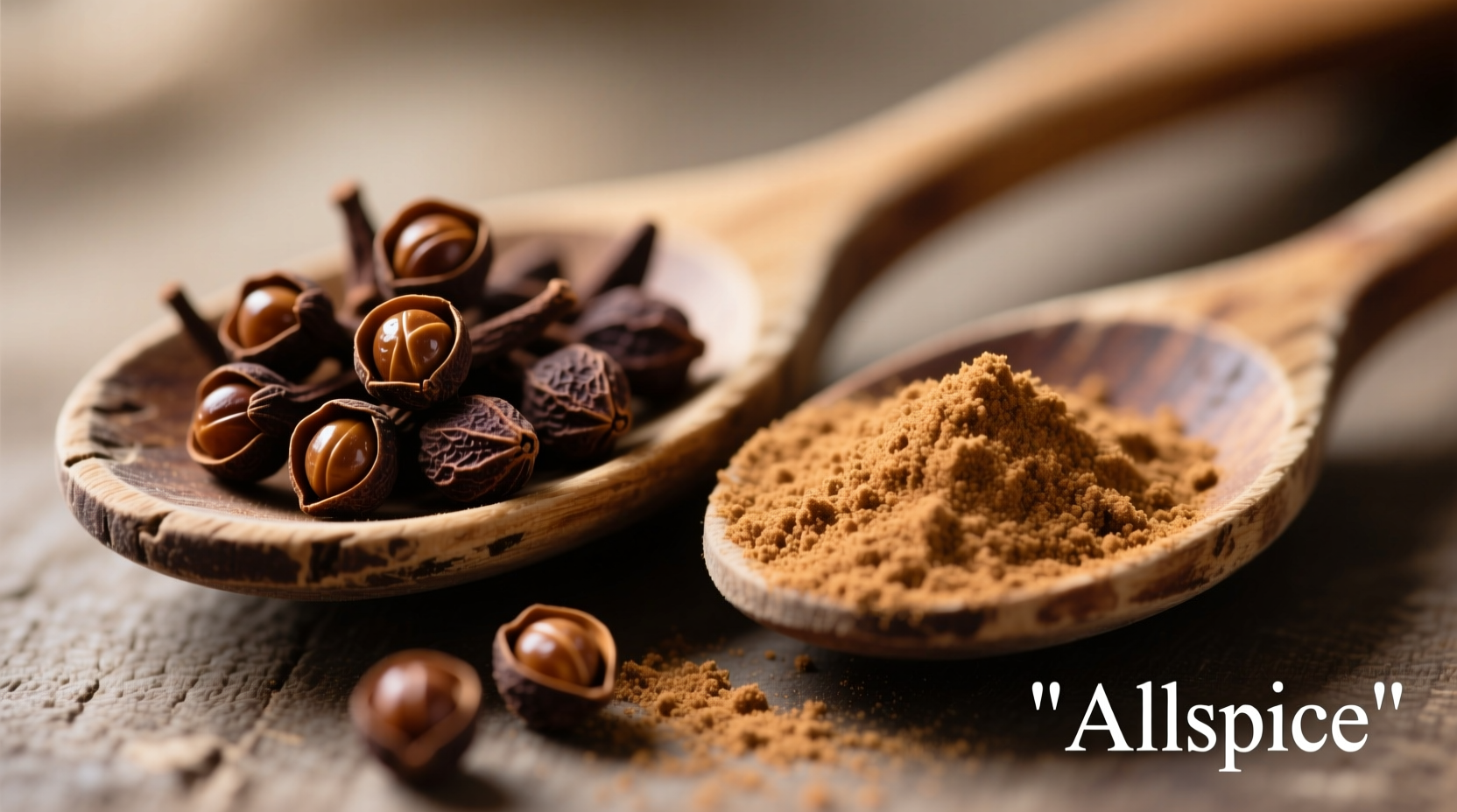 Whole allspice berries next to ground allspice in wooden spoons