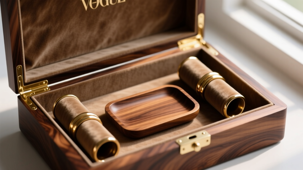 Open burlwood box interior showing taupe anti-tarnish velvet lining, brass ring rolls, and a removable wooden valet tray