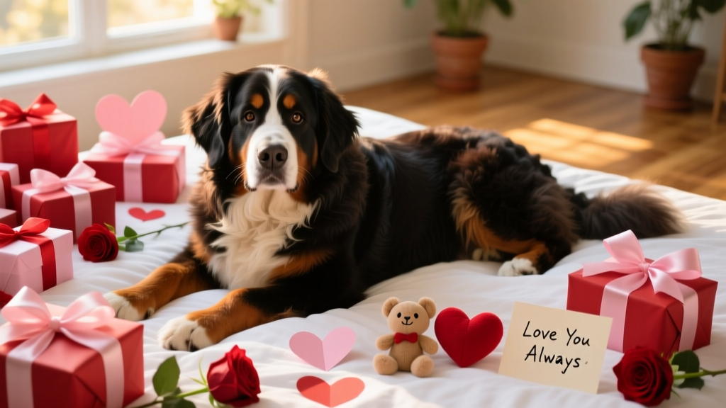 A Bernese Mountain Dog lying on a white bed surrounded by Valentine's Day gifts and red roses