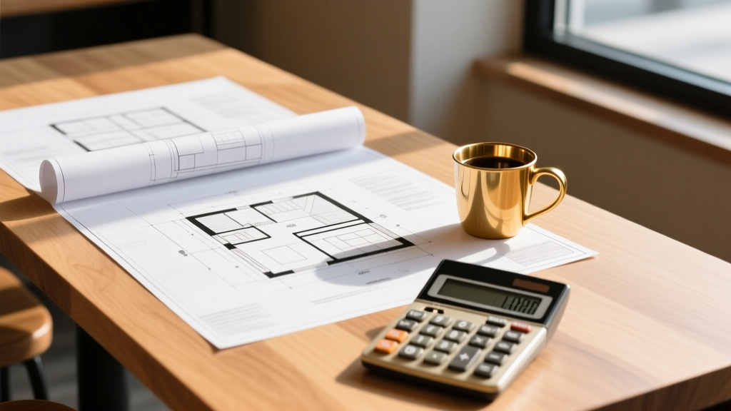 Architectural blueprints for a modern fast-casual restaurant spread across a wooden table next to a financial calculator and brass coffee cup