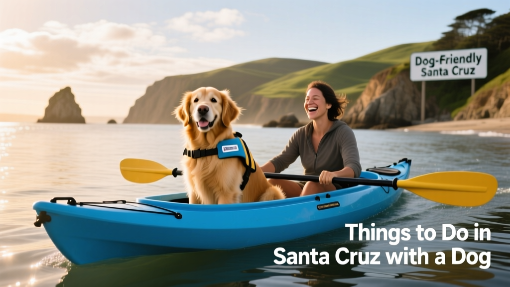 A dog riding in a kayak on Monterey Bay with their human