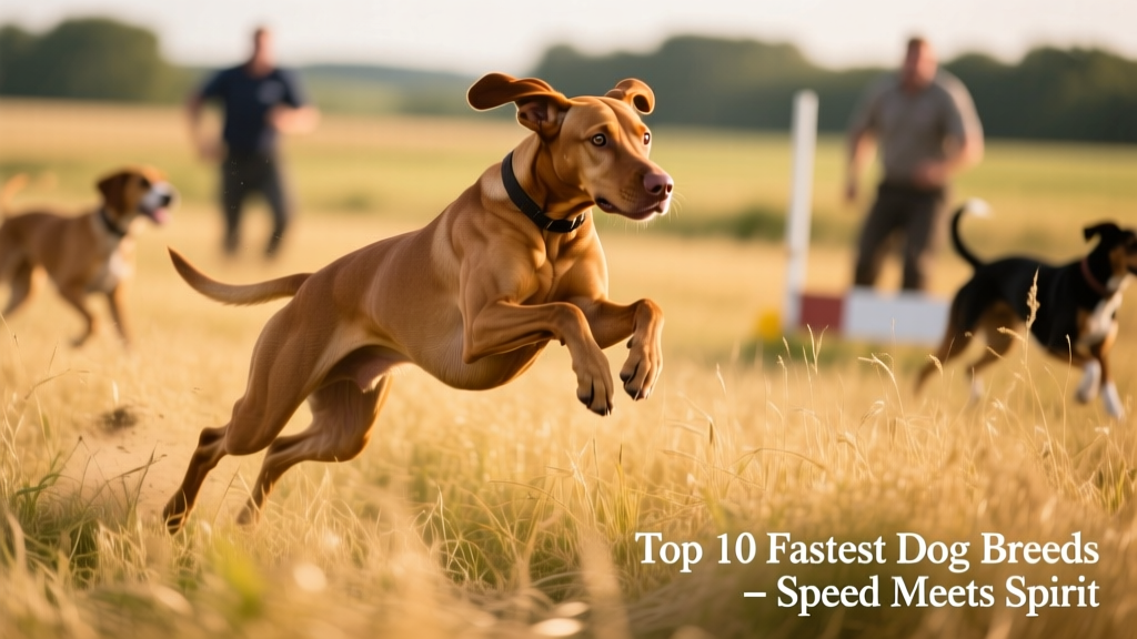 A Vizsla leaping through tall grass during a field trial, muscles coiled and expression alert