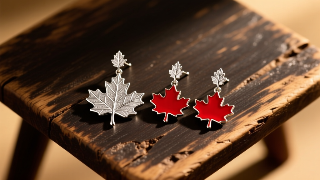 Overhead view of sterling silver oak leaf and red enameled maple drop earrings on a rustic dark wood table in warm lighting.