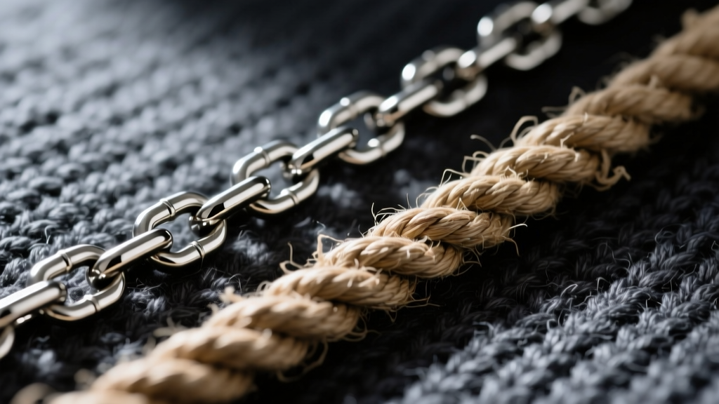 Macro shot comparing a smooth steel box chain and a textured rope chain resting on a dark merino wool knit fabric background.