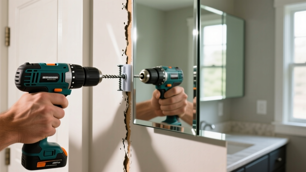 Hands using a power drill to mount a mirrored jewelry cabinet on a drywall door, showing steel screws and plastic wall anchors
