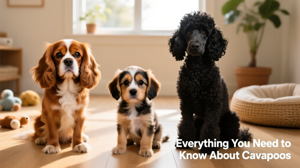 Side-by-side comparison showing Cavalier King Charles Spaniel and Poodle parents alongside a Cavapoo puppy