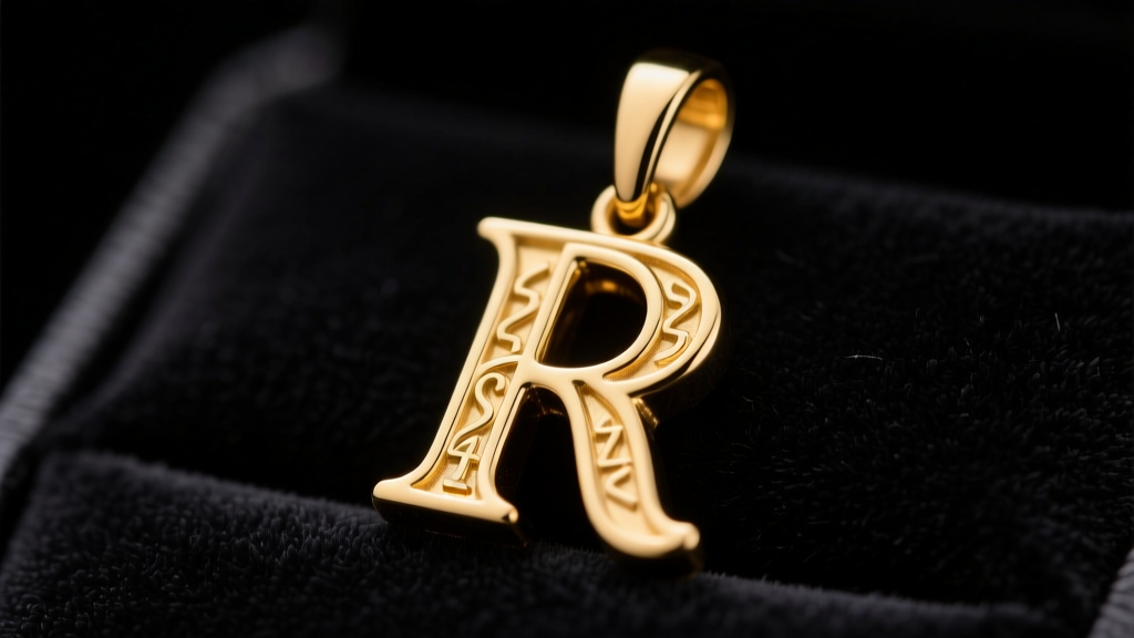 Macro shot of a 14k gold letter R pendant on dark velvet, focusing on the serif edges and delicate bail under bright studio lighting