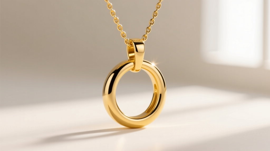 Close-up macro shot of a 14k solid yellow gold open circle pendant on a delicate cable chain, highlighting the polished metal